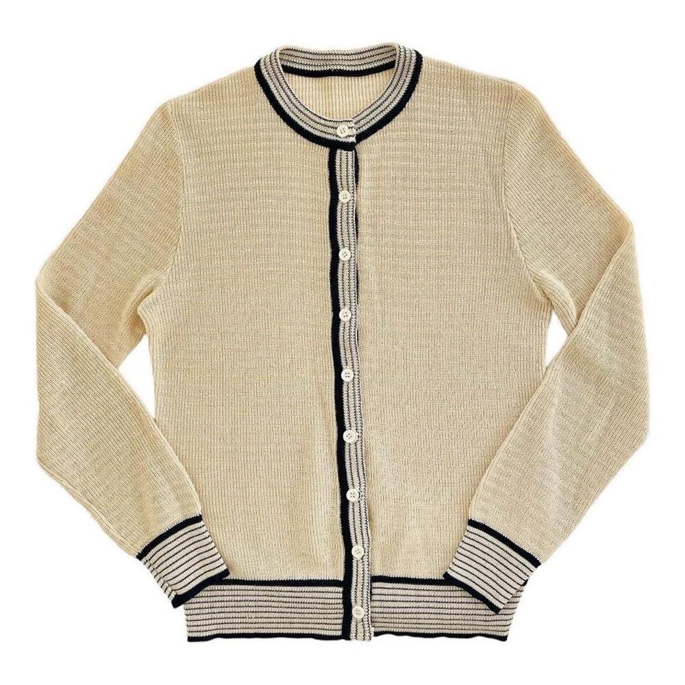 Vintage Retro Cream Ivory Tone Button Down Cardigan w/ Navy Blue Striped Accents - Picture 3 of 5